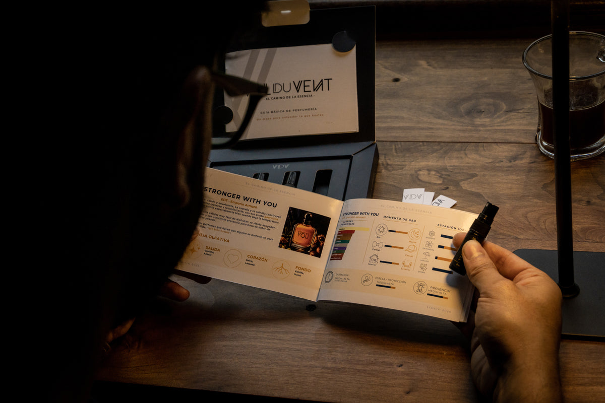 Experiencia Val du Vent: lectura de la guía olfativa junto a la caja y los perfumes
